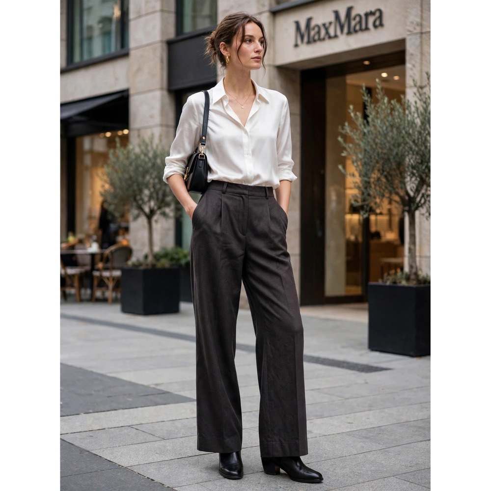Max Mara Puro Lino Brown 100% Linen Wide Leg Pleated Trousers Made in Italy 8